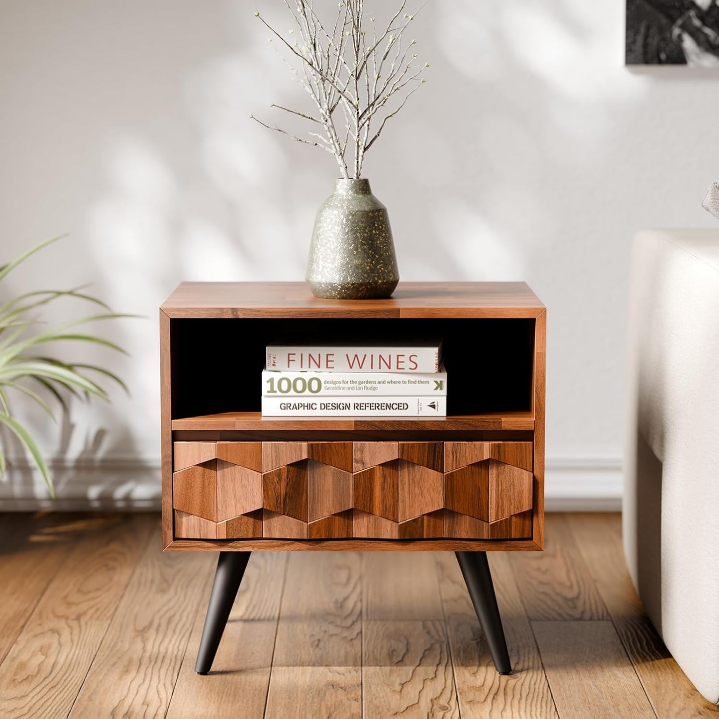 Bme Georgina Solid Wood Nightstand with 1 Drawer & Open Shelf- Fully Assembled Mid Century Modern Side Table - Geometric Pattern Bedside Dresser for Bedroom and Living Room, Dark Chocolate