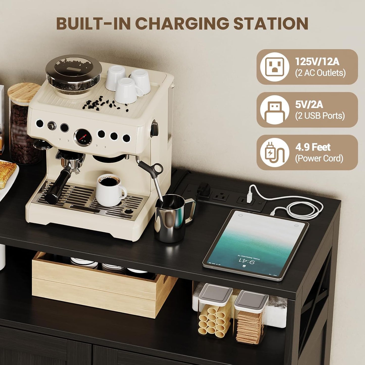 47inch Farmhouse Buffet Sideboard Cabinet, Wood Cupboard Storage Pantry Cabinet with Drawers, Coffee Bar Station Table for Kitchen Living Dining Room, Black