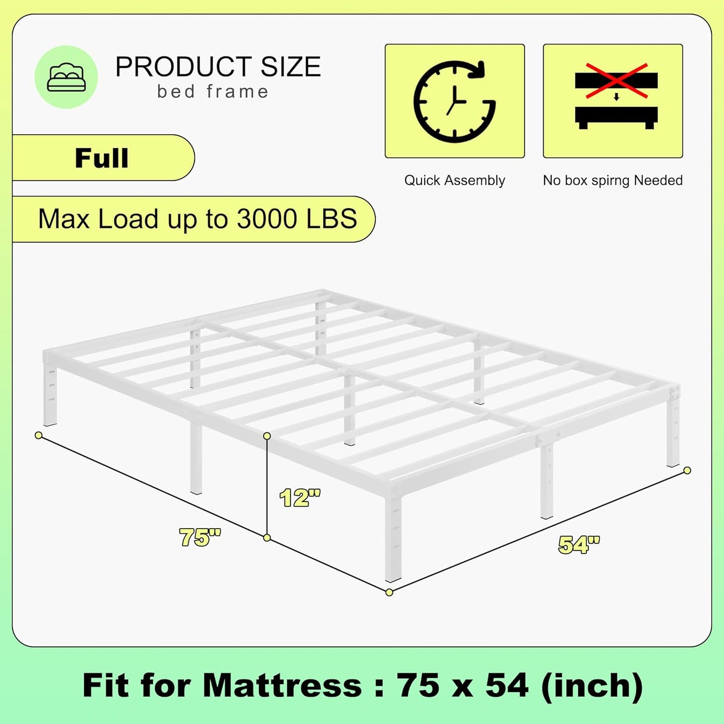 12 Inch White Full Size Bed Frame, Heavy Duty Bed Frame Full Size Mattress Foundation, No Box Spring Needed, Easy Assembly, Noise-Free