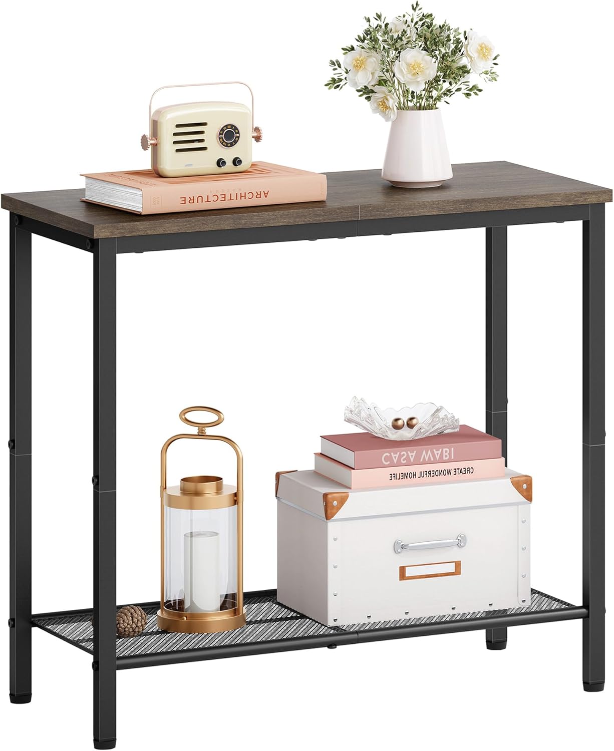 Hoctieon 2 Tier End Table, Sofa Side Table, Narrow Side Table with Storage, Slim Nightstand for Small Spaces, Metal Frame, for Living Room, Bedroom, Sofa Couch, Hall, Grey