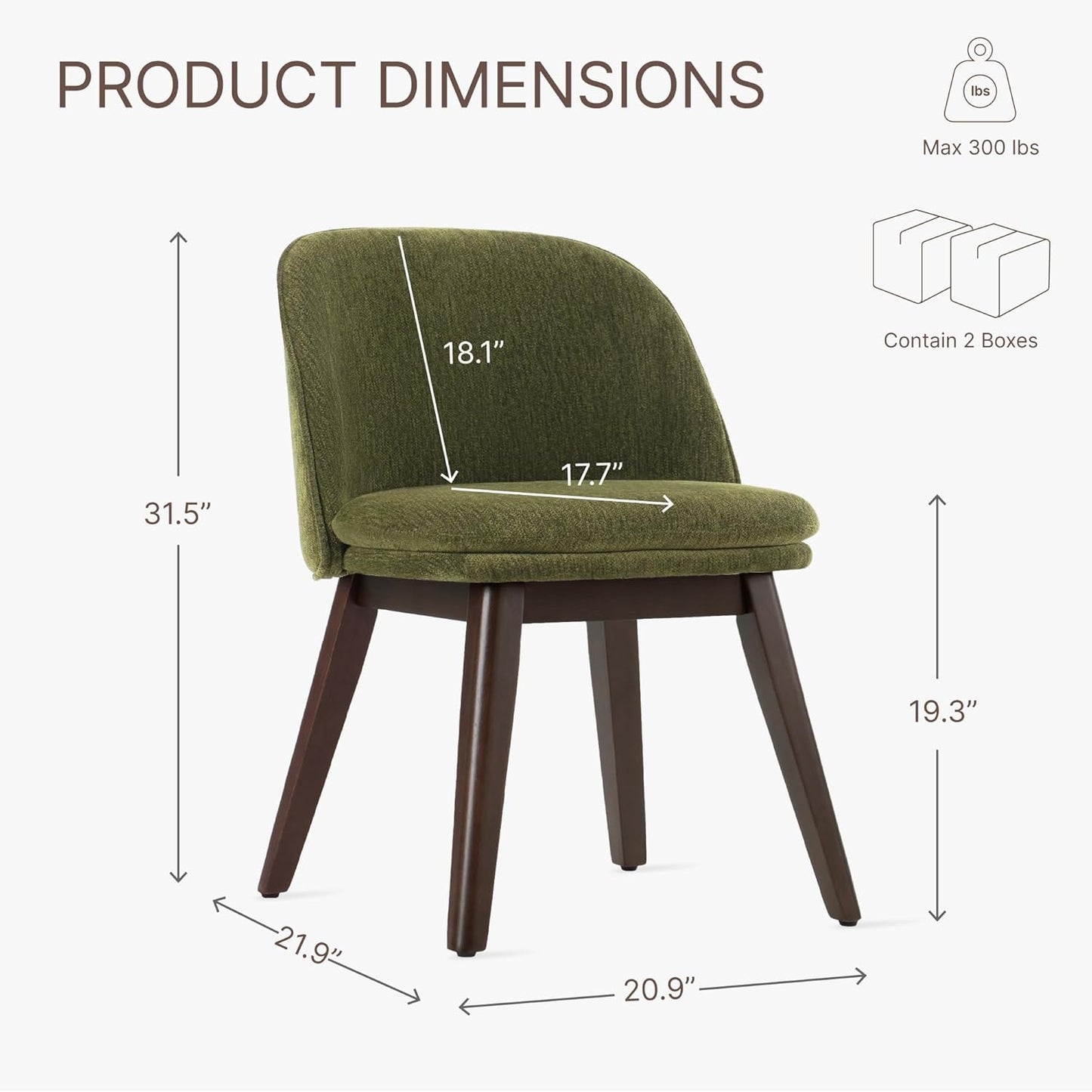 Wooden Dining Chairs Set of 4, Fabric Upholstered Modern Dining Room Chairs with Double-Layer Thick Seat Cushion & Ergonomic Backrest for Restaurant, Kitchen and Café, Green, 2 Boxs