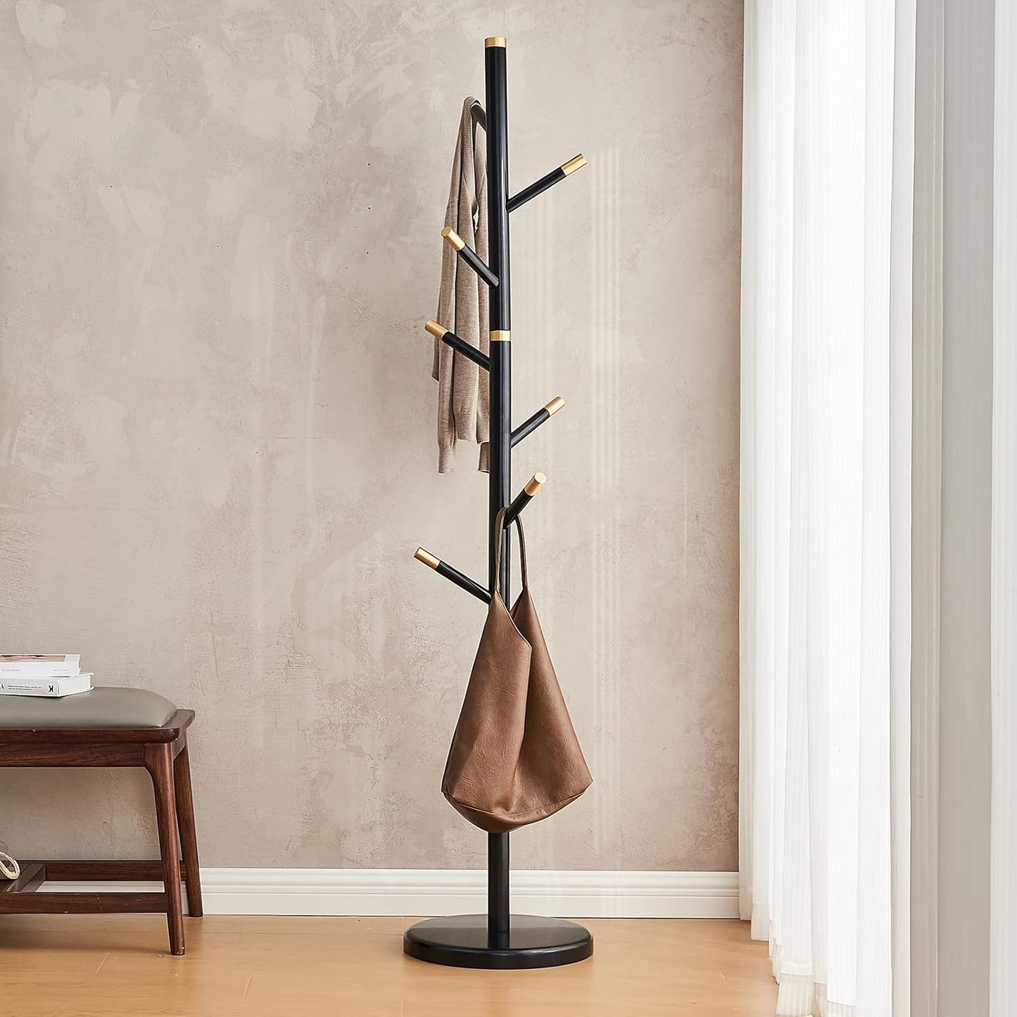CozyDH Black Coat Rack Freestanding Solid Wood Coat Rack Stand, Coat Tree Freestanding with 7 Hooks Creative Tree Branch-look for Entryway, Hallway, Bedroom