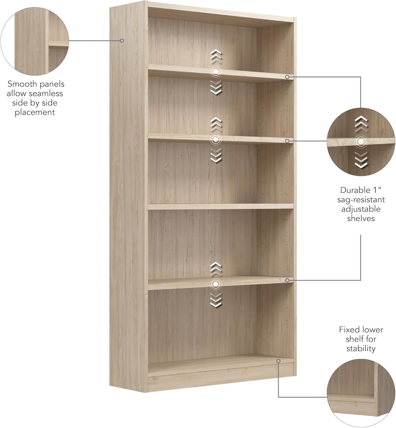 Bush Furniture Universal Tall 5 Shelf Bookcase in Natural Elm, Vertical Storage and Display Bookshelf for Home Office or Living Room Organization