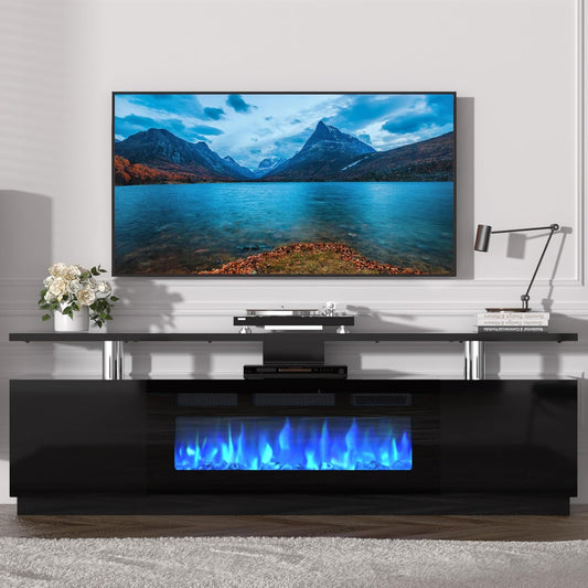 70 Inch Fireplace TV Stand with 36 Inch Electric Fireplace, 12 Colors LED Lights, 750W/1500W for Max 80 Inch TV, 2 Tier Storage 2 Door Cabinet