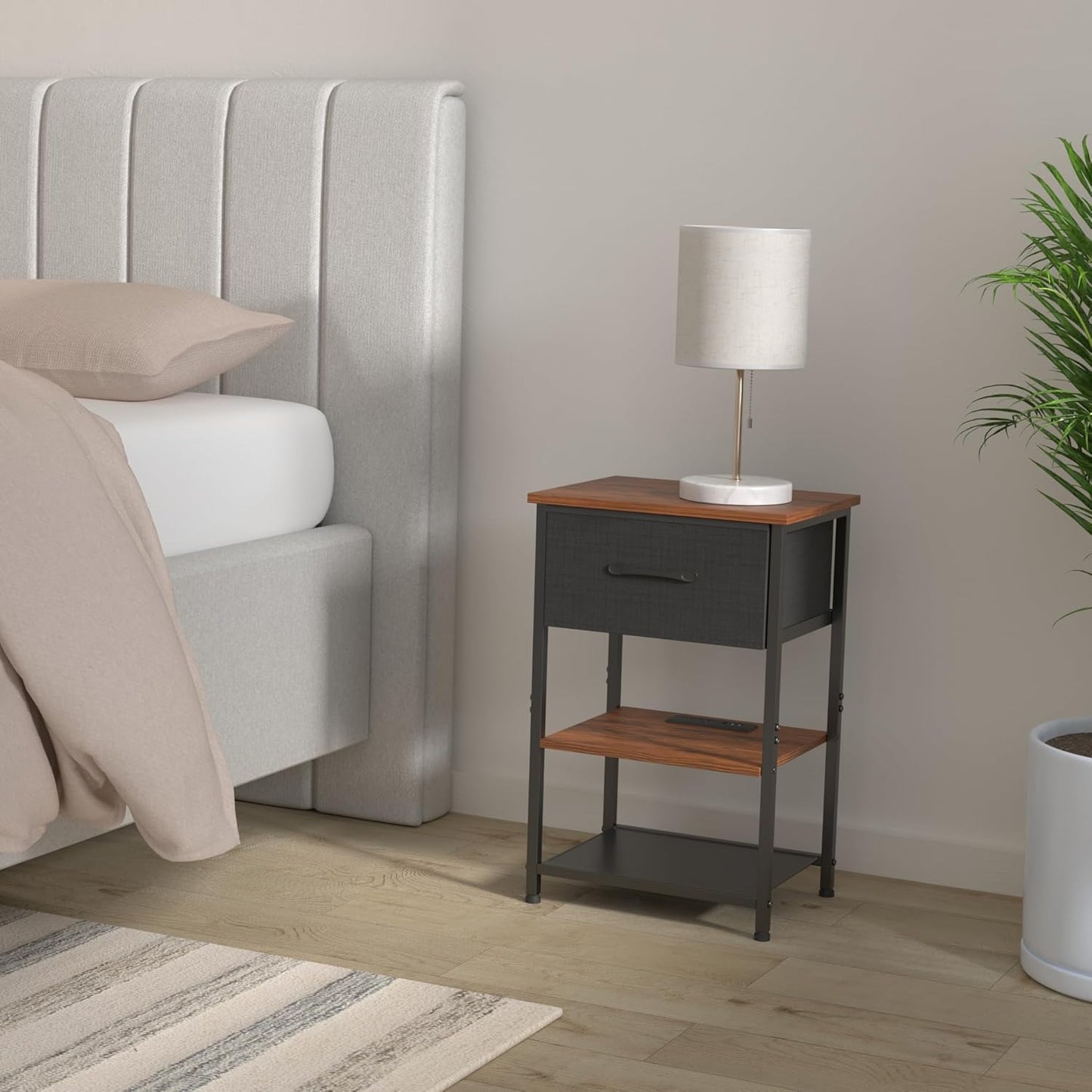 Nightstands Set of 2 with Charging Station and Drawer, End Table Side Table with 20 Colors LED Light Strip and 2 Layers Shelf for Bedroom Living Room Sofa (Rustic Brown)