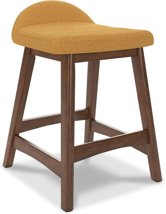 Signature Design by Ashley Lyncott Contemporary 28.5" Counter Height Upholstered Bar Stool with Foam Cushion, 2 Count, Mustard & Brown