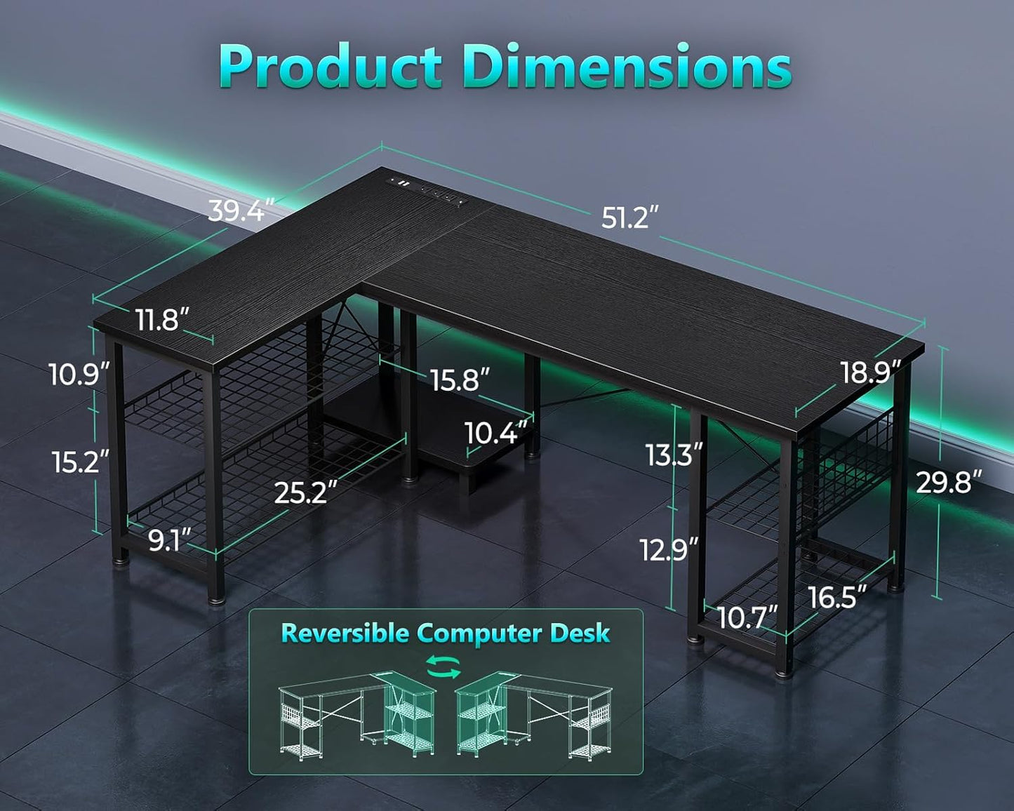 Casaottima 51 Inch L Shaped Gaming Desk with Shelves & Power Outlets, Reversible Computer Desk with Storage Shelves for Home Office, Black