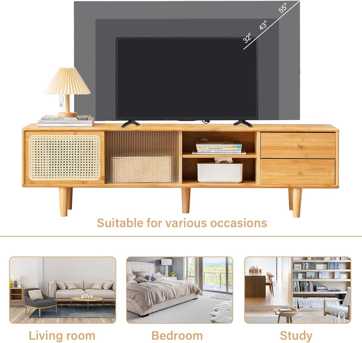 Tiita Rattan TV Stand for 55 65 Inch TV, Bamboo TV Cabinet with 2 Drawers, Boho Entertainment Center with Adjustable Shelf, Mid Century Modern Media Console for Bedroom, Living Room, Wood