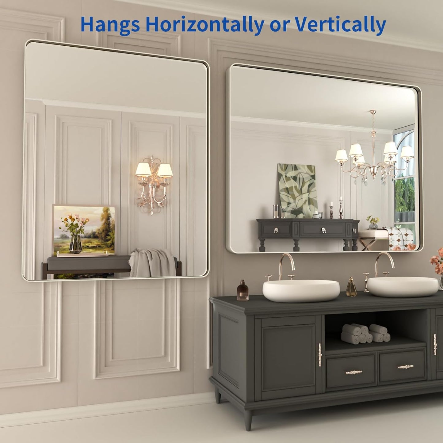 WEER 40X32 Inch Brushed Nickel Bathroom Mirror, Brushed Silver Metal Frame Mirror, Rounded Rectangle Silver Bathroom Vanity Mirror, Tempered Glass, Anti-Rust, Hangs Horizontally or Vertically