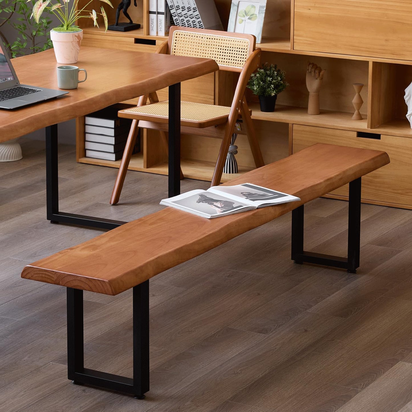 Brown Bench Wooden Long Bench with Metal Legs for Office Restaurant Living Room Meeting Room Indoor Seating Multiple （tan bench70.87in）