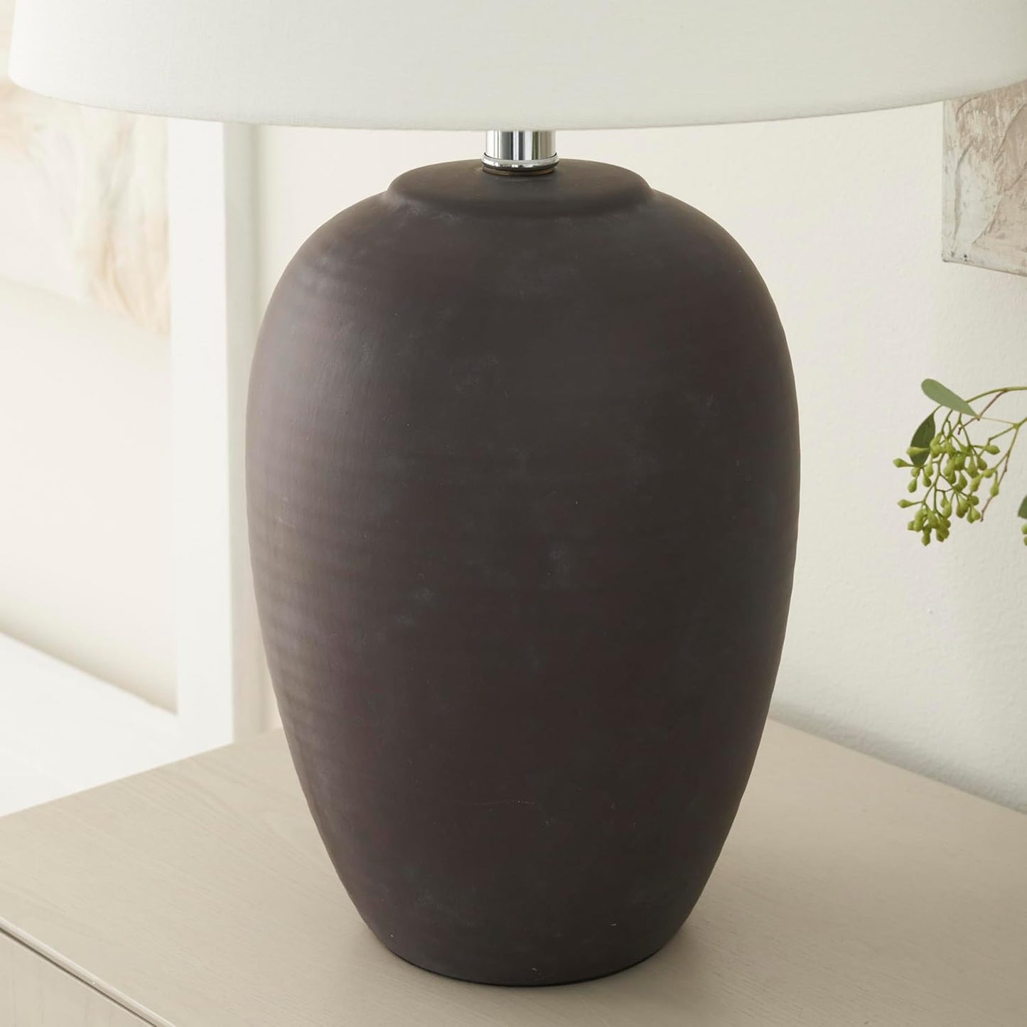 Nourison Home 23" Dark Purple Distressed Ceramic Pot Table Lamp for Bedroom, Living Room, Dining, Office, with White Shade