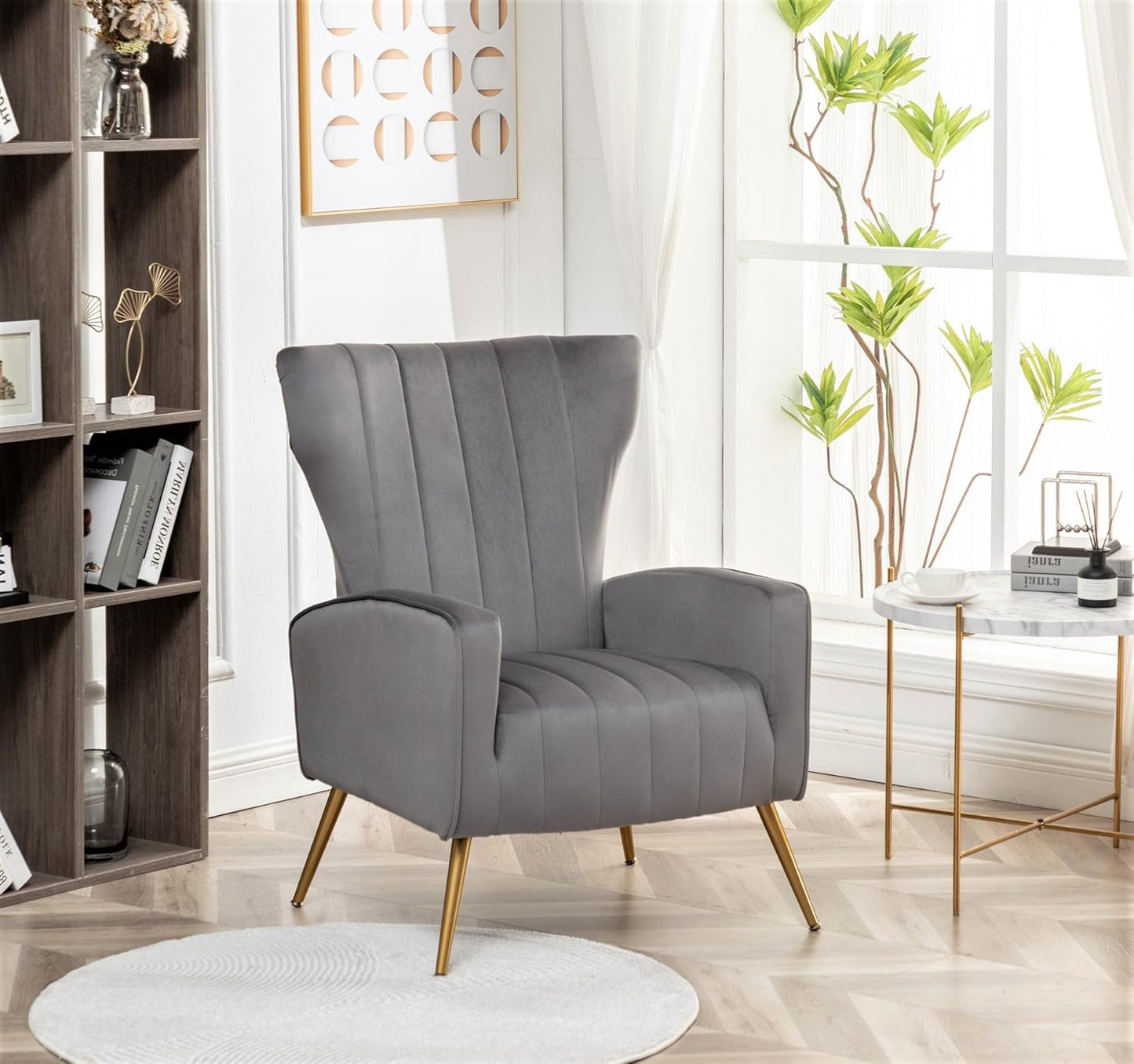 Container Furniture Direct Modern Velvet Accent Chair, Channel Tufted Bedroom, Office or Living Room Furniture with Elegant Metal Legs, 26" Wide Armchair, Grey