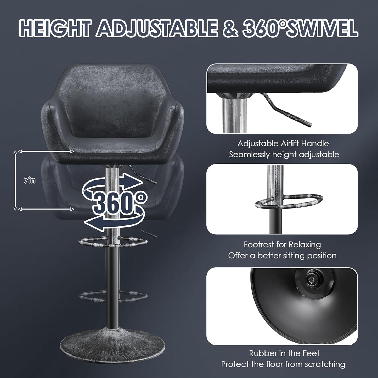 Keyluv Bar Stools Set of 2 for Kitchen Counter Adjustable Height Swivel Barstools 29 Inch Faux Leather Bar Chairs with Padded Back and Chromed Metal Base, Retro Black