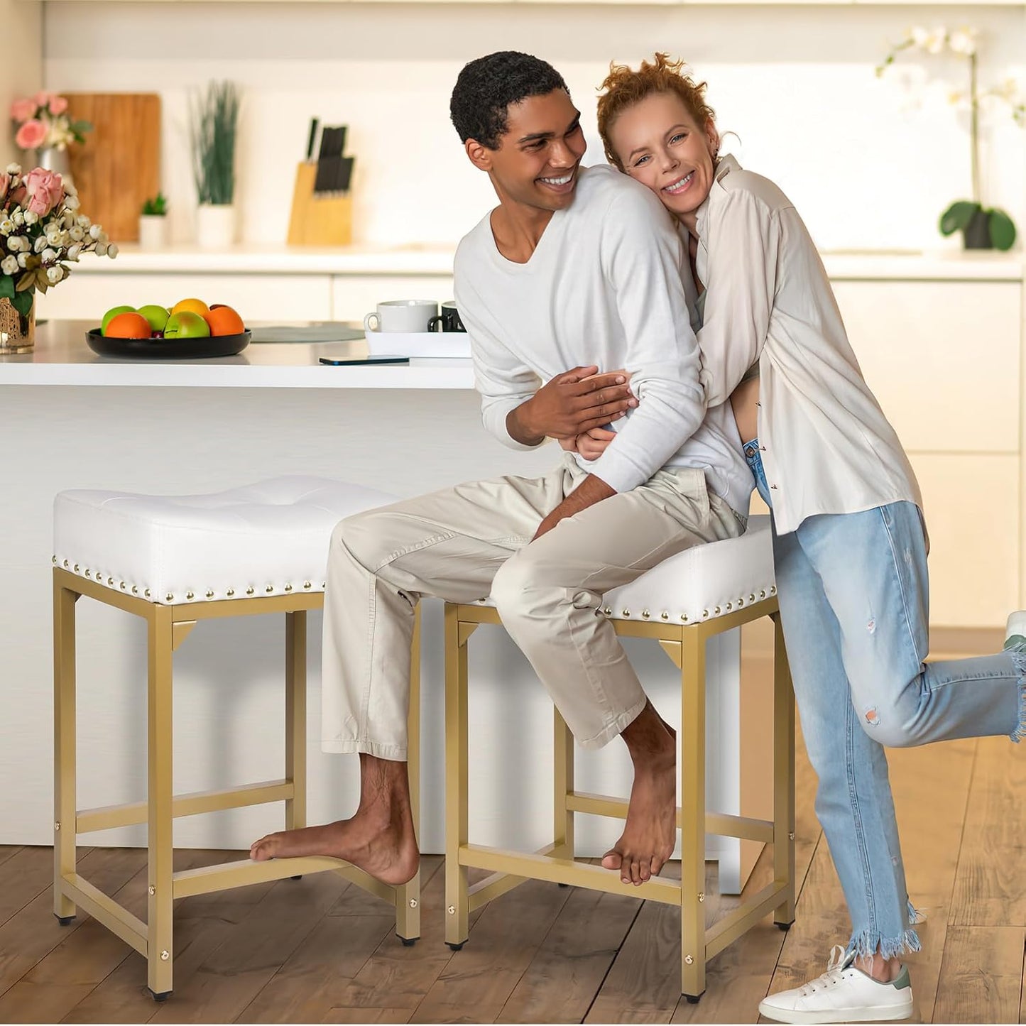 Bar Stools Set of 2, Counter Height Bar Stools for Kitchen Island, 24 Inch Modern White & Gold Saddle Backless Barstools, Counter Stool with Metal Base & Thick Saddle Seats(White+Gold)