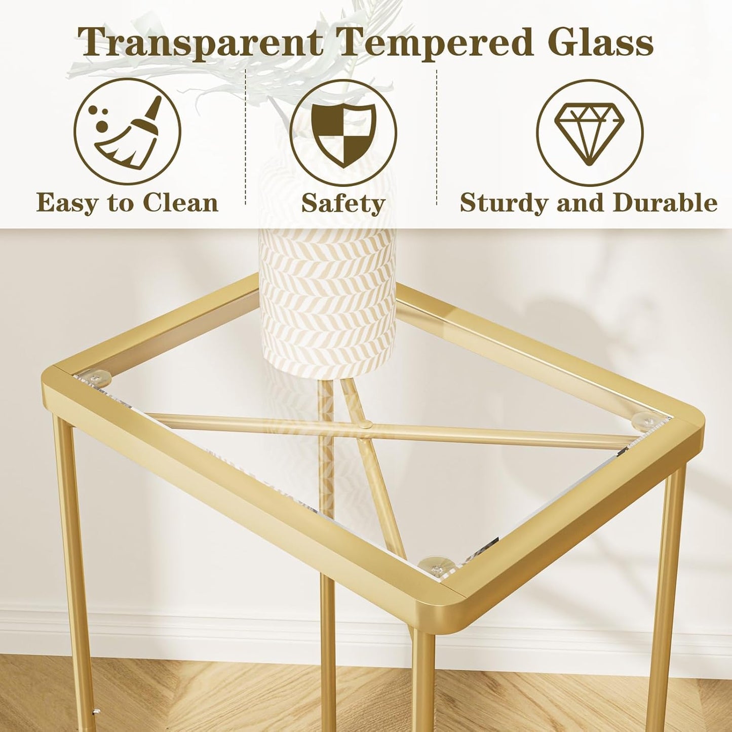 Garden 4 you Small Side Table, Glass End Table, Outdoor Side Table with Metal Frame, Mini Bedside Table for Living Room, Bedroom, Patio, Small Space, Gold