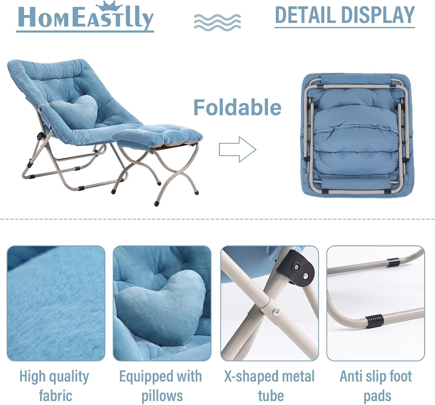 Saucer Chair with Ottoman, Comfy Oversized Folding Chair, Faux-Fur Reading Chair for Teens, Adults, Foldable Accent Lazy Chair, Metal Frame Lounge Chair for Living Room, Bedroom, Blue