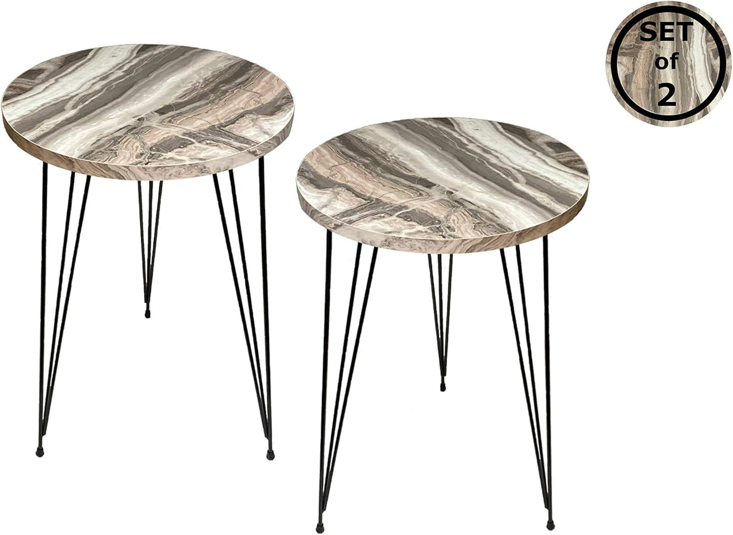 PAK HOME Set of 2 End Tables Round Wood Sofa Side Coffee Tables for Small Spaces, Nightstand Bedside Table with Metal Legs for Bedroom, Living Room, Office, Balcony (Grey Marble)