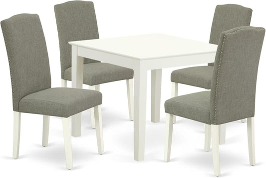 East West Furniture OXEN5-LWH-06 5 Piece Modern Dining Table Set Includes a Square Wooden Table and 4 Dark Shitake Linen Fabric Upholstered Parson Chairs, 36x36 Inch, Linen White