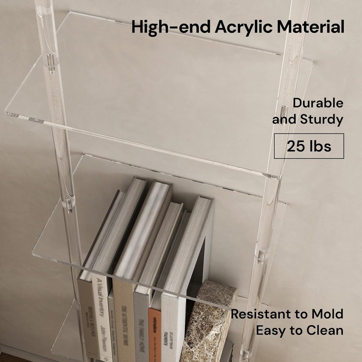 Small Acrylic Ladder Bookshelf, 9.5" D x 15.6" W, 4-Tier Clear Wall Mounted Book Shelf for Small Spaces, Multipurpose Bookcase for Living Room, Bathroom, Office, Modern, 59" H
