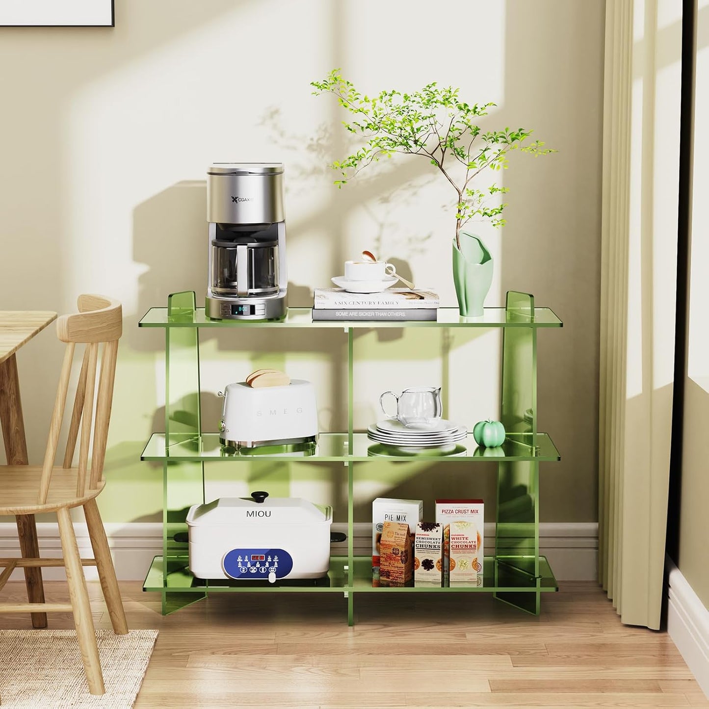 Acrylic Bookshelf, Small 3 Tier Open Bookcase for Small Spaces,Sofa Table, Hallway Entry Table for Home Living Room (Green, 39.4'' x 11.8'' x 31.5'')