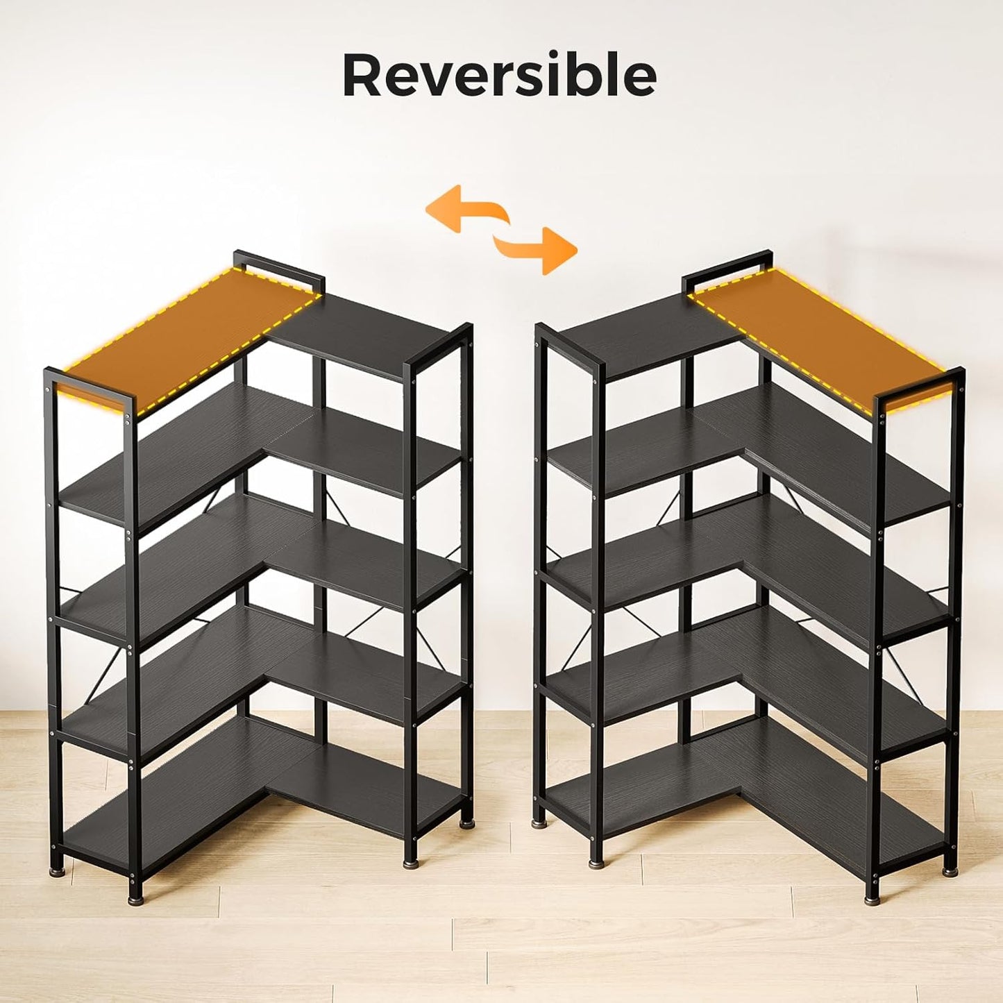 Casaottima Corner Bookshelf 5 Tier, 57 Inches Reversible Book Shelf for Living Room, Industrial Wooden Bookcase with Open Shelves and Metal Frame for Bedroom, Home Office, Kitchen, Black