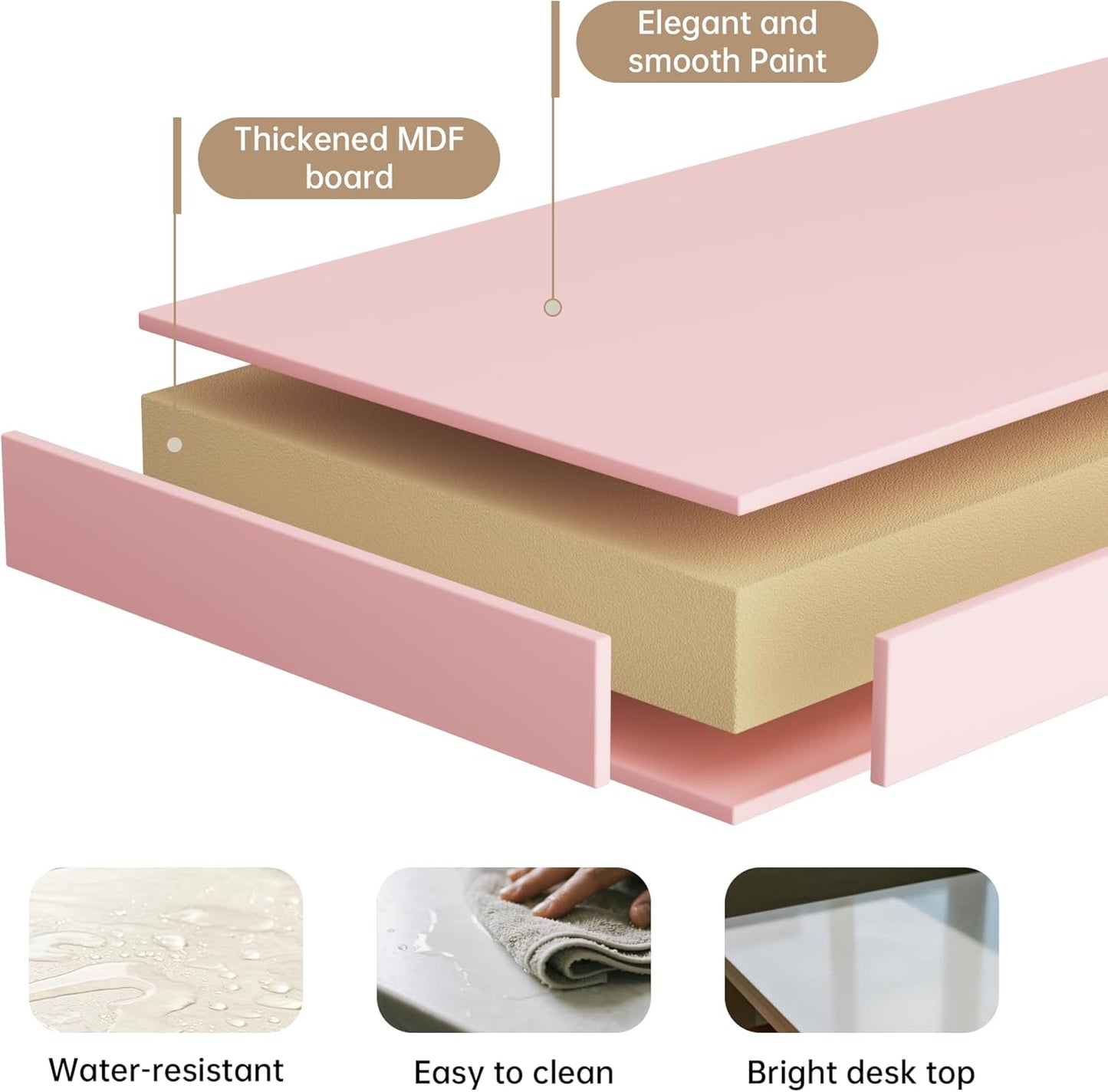 Writing Computer Desk with Drawers, Cute Modern Table for Bedrooms, Pink Vanity Table Office Desk with Drawers, Home Computer Desk for Girls Living Room Entryway, Pink