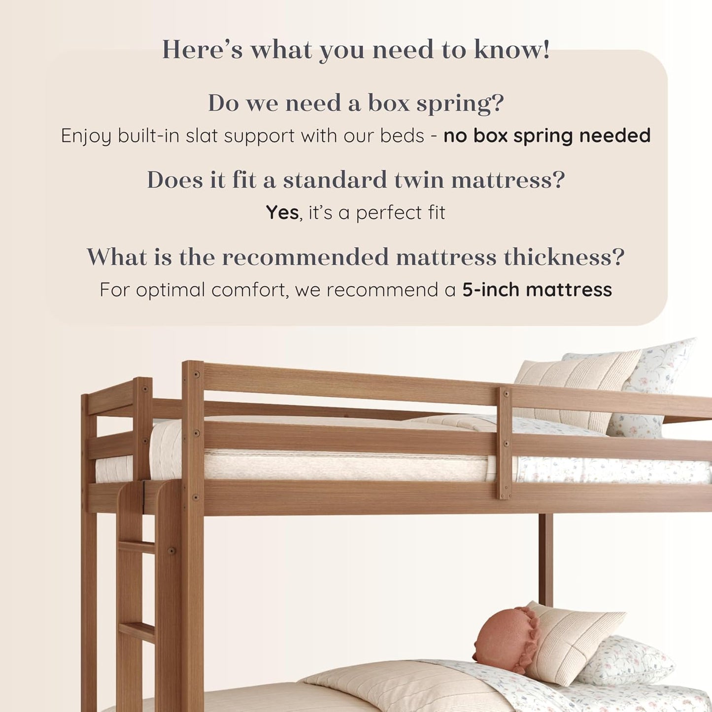 Grain & Grove Bear Twin Over Twin Bunk Bed, Sturdy Bunk Bed Frame for Kids, Plywood Bunk with Ladder, Guardrail, and Slats, No Box Spring Required, Oak Embossed Pecan