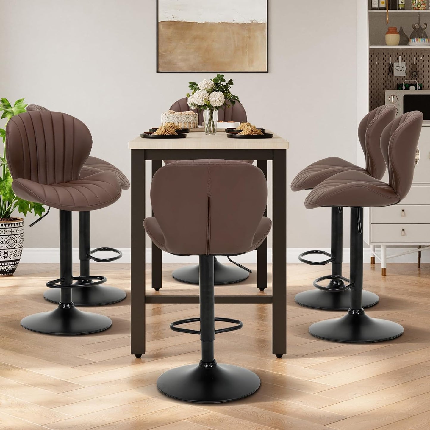 COLAMY Bar Stools Set of 4, Modern Swivel Bar Chairs, Adjustable Faux Leather Upholstered Barstools Counter Height with High Backrest for Bar, Kitchen Island, Dining Room, Brown