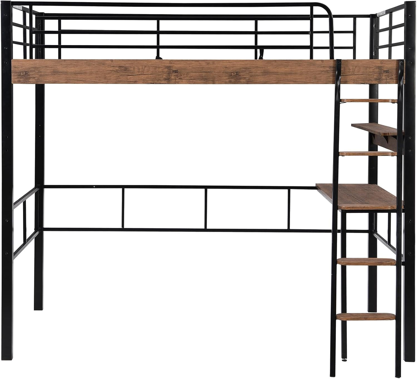 Metal Full Size Loft Bed with Built-in Desk,Storage Shelf and Ladder,Full-Length Guardrails and Secured Metal Slats, High LoftBed W/Large Storage Space for Kids Teens Adults Bedroom,Black