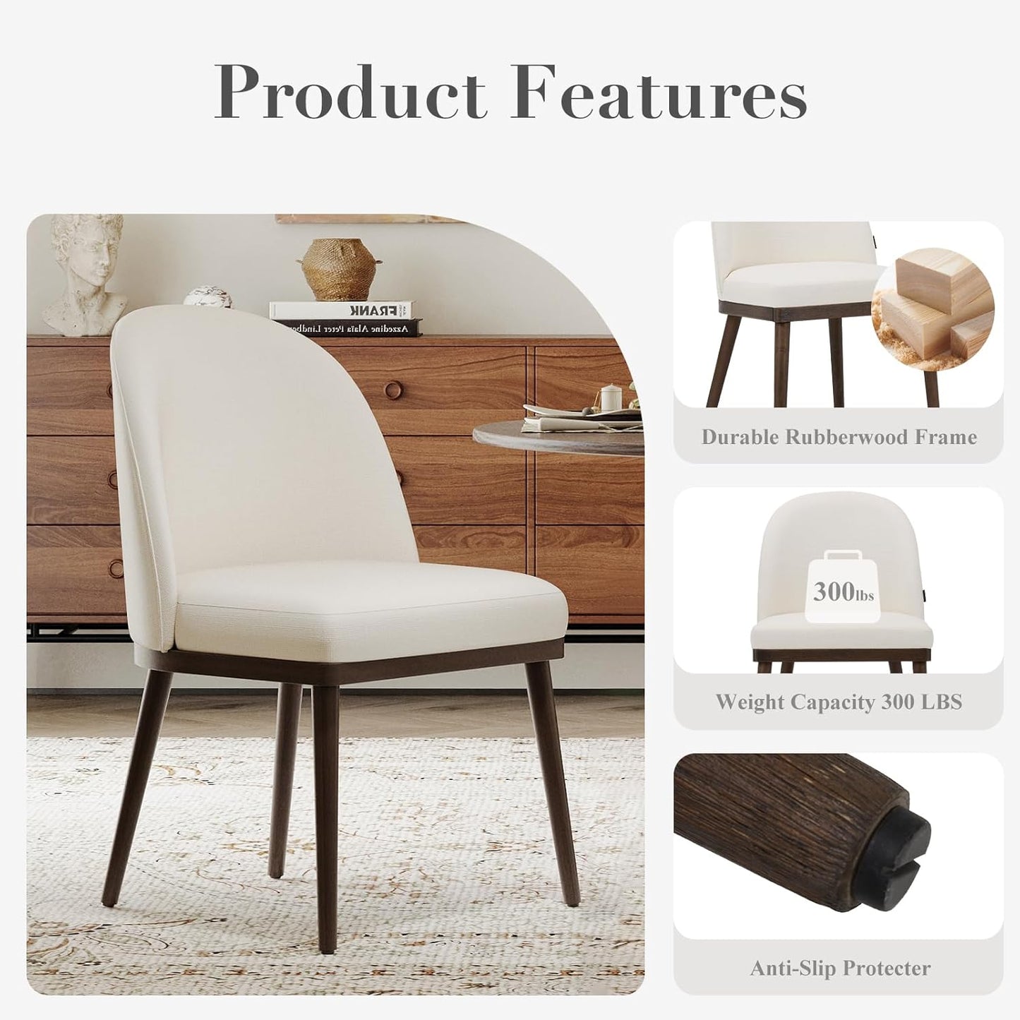 COLAMY Upholstered Dining Chairs Set of 2, Large Dining Room Kitchen Chairs with High Back and Deep Seat, Modern Fabric Dinner Chairs with Wood Legs, Beige