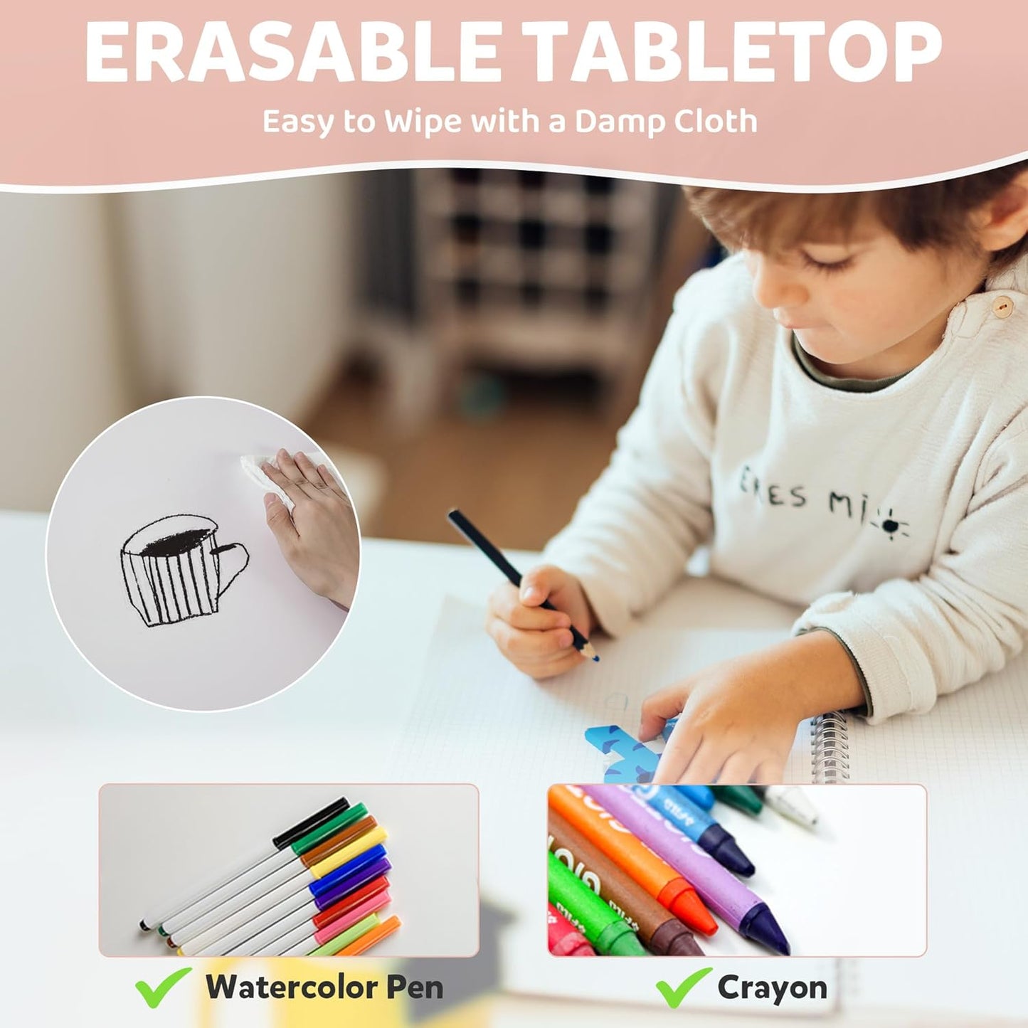 Adjustable Kids Table & Chairs Set for Ages 3-8 | 31.5"x23.6" Easy-Clean Activity Table | Meets ASTM/CPSC Standards for Daycare, Homeschool & Playroom (Pink, 2 Chairs)