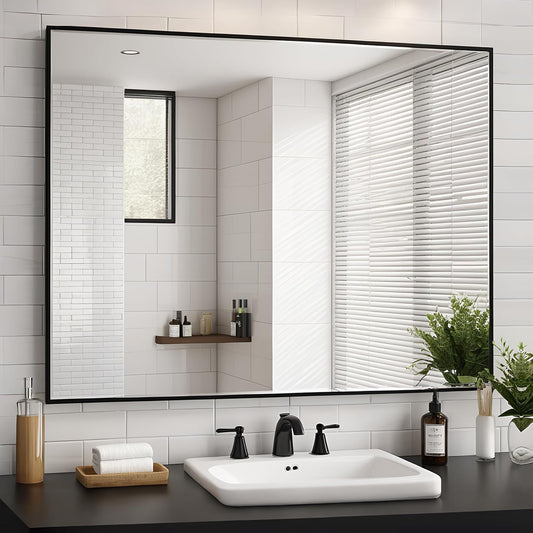 Black Bathroom Mirror 30x40, Rectangle Wall Mirror 30 x 40 inch, Metal Frame Mirror 40x30, Large Vanity Mirror 30 by 40, Modern Wall Mounted Mirrors, Hung in Horizontal or Vertical