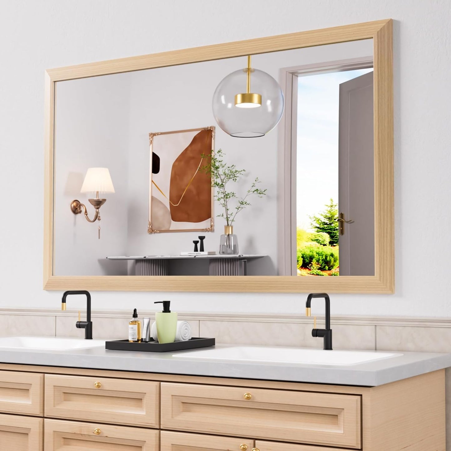 Amorho Bathroom Mirror, 60 X36 Inch Wall Mirror, Oak Wood Grain Metal Framed, Anti-Rust, Hang Horizontally/Vertically, Suitable for Bedroom, Farmhouse, Bathroom, Decorative