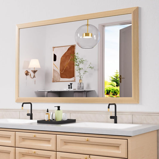 Amorho Bathroom Mirror, 60 X36 Inch Wall Mirror, Oak Wood Grain Metal Framed, Anti-Rust, Hang Horizontally/Vertically, Suitable for Bedroom, Farmhouse, Bathroom, Decorative