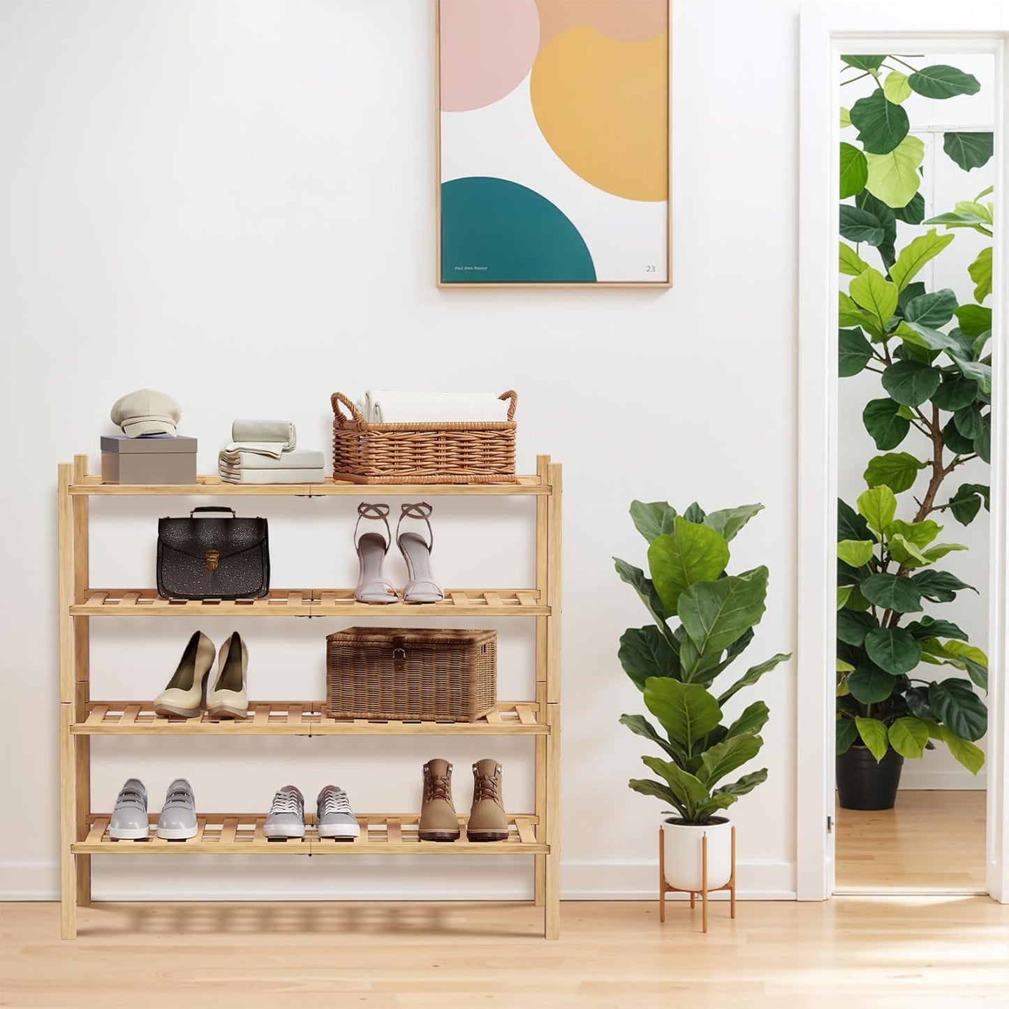 Haddockway 4 Tier Bamboo Shoe Rack Storage Organizer, Multifunctional Free Standing Stackable Shoe Shelf with Grid Panel for Closet,Hallway,Entryway,Small Space 27"x11"x26" (Natural, 4 Tier)