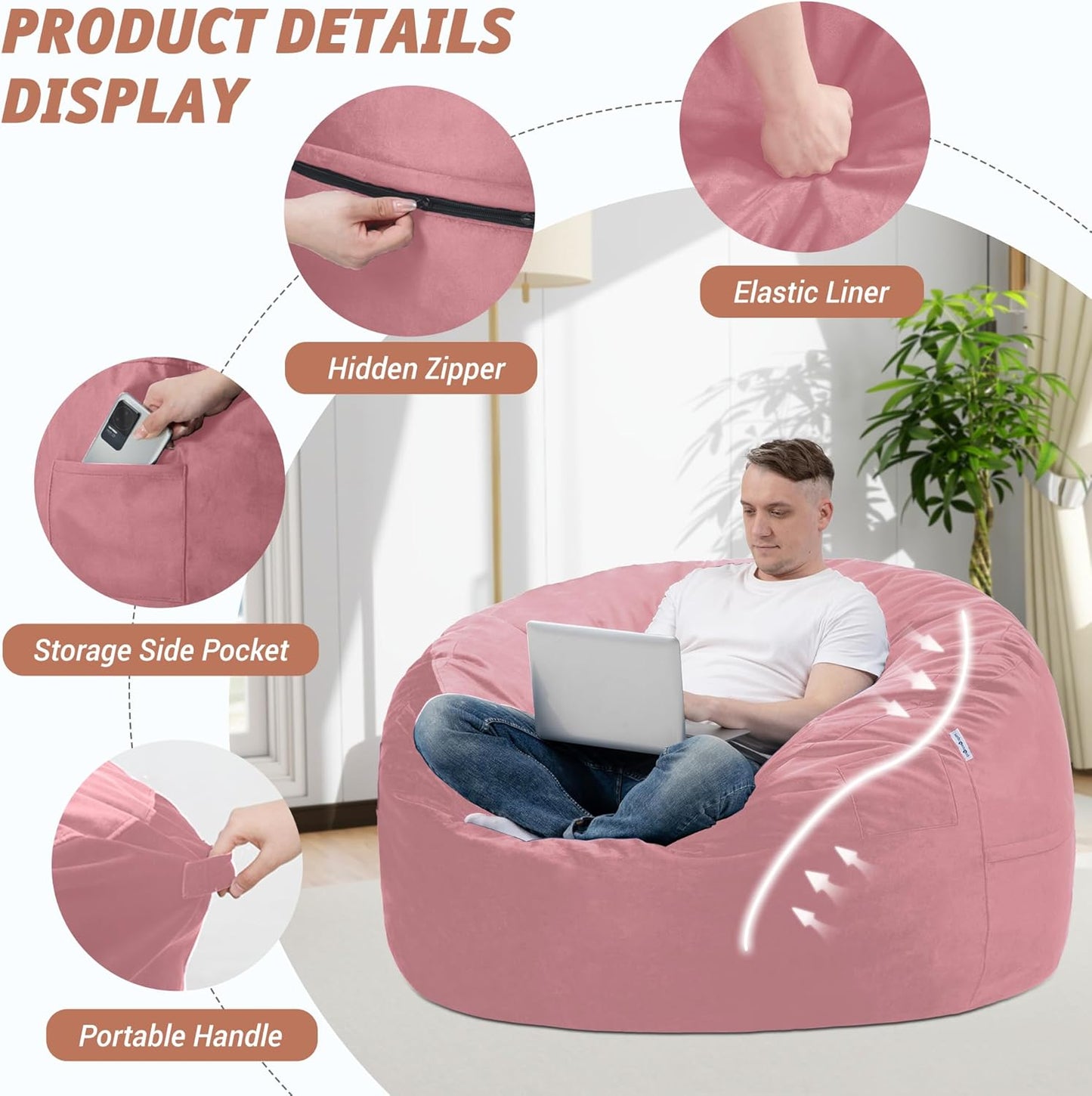 3FT Bean Bag Chair with Ultra Soft Velvet Cover Bean Bag Sofa with Memory Foam Bean Bag Chairs with Large Size Lazy Sofa for Dorm Office Living Room Bedroom Soft Pink 3'