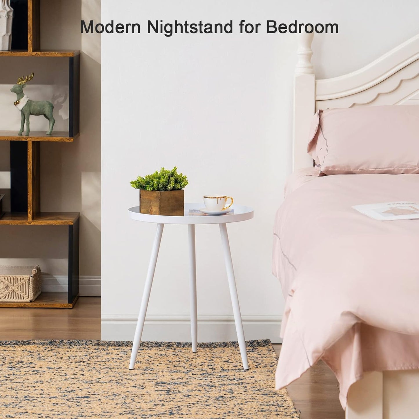 Apicizon 16" Round Side Table, White End Table for Living Room, Bedside, Mid Century Modern Coffee Table or Circle Accent Table for Small Spaces, Metal Nightstand (White)