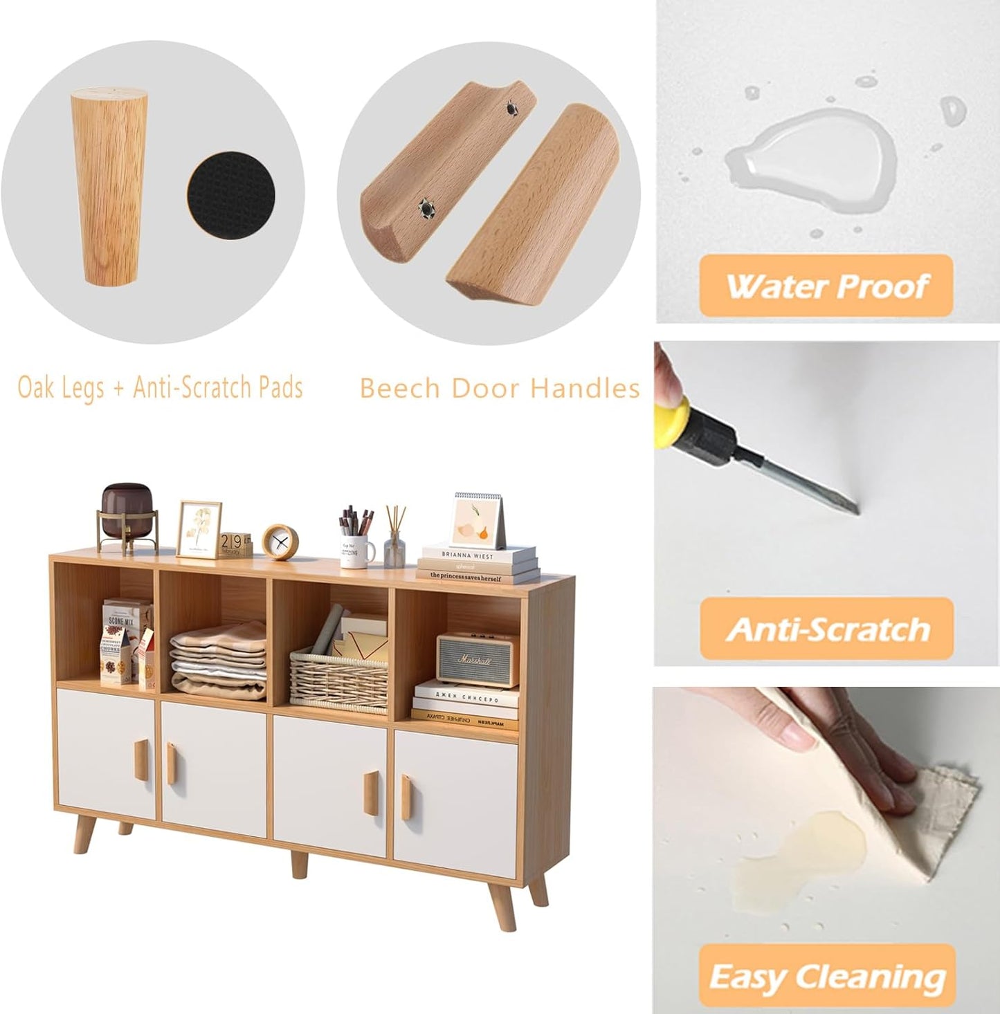 Cubby Shelf Bookcase with Doors - Wooden 8 Cube Floor Standing Open Bookshelf with Solid Wood Legs, 2-Tier Low Storage Cabinet, Oak and Warm White