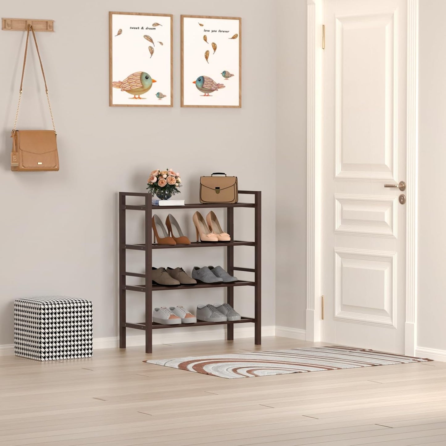 Haddockway Bamboo Shoe Rack for Closet, Free Standing Shoe Organizer with Smooth Round Rods & Convenient Handles, Stackable Shoe Storage Shelf for Entryway, Hallway(Brown, 4-Tier(Small))