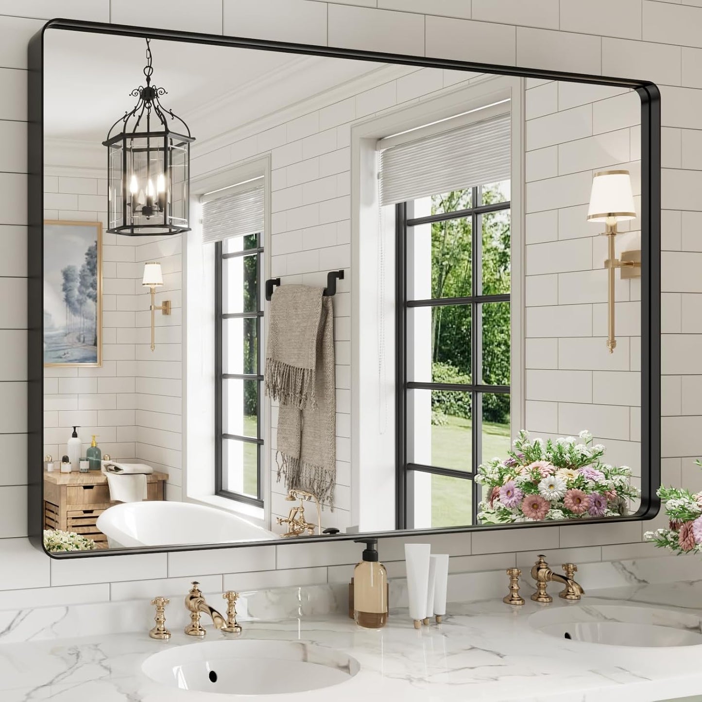 WEER Black Bathroom Mirror for Wall, 60X40 Inch Matte Black Mirror, Rectangular Black Metal Framed Vanity Mirror with Tempered Glass, Rounded Corner, Anti-Rust (Horizontal/Vertical)