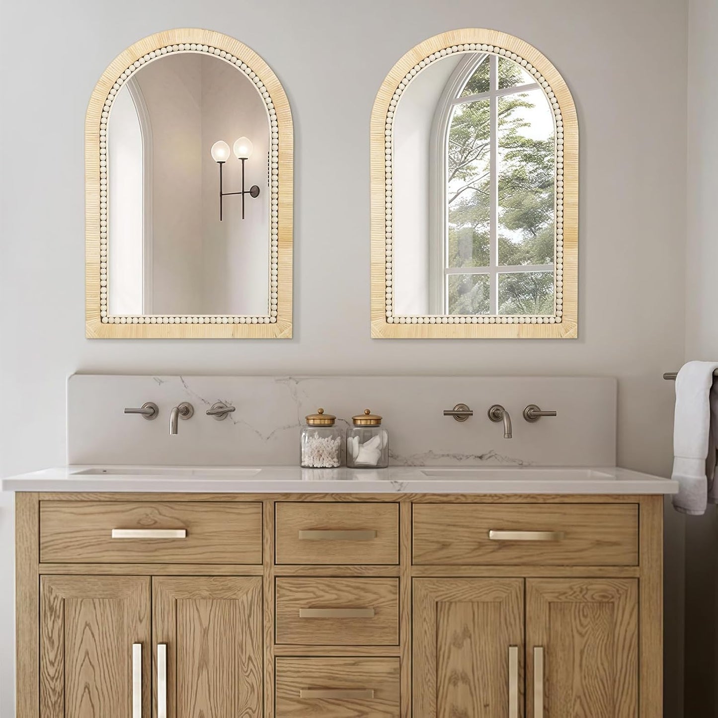 ULIKE Rattan Mirror for Bathroom, 20x30 Inch Arch Rustic Farmhouse Wall Decor with Handmade Wicker Frame, Boho Mirror for Nursery Bedroom Living Room Entryway