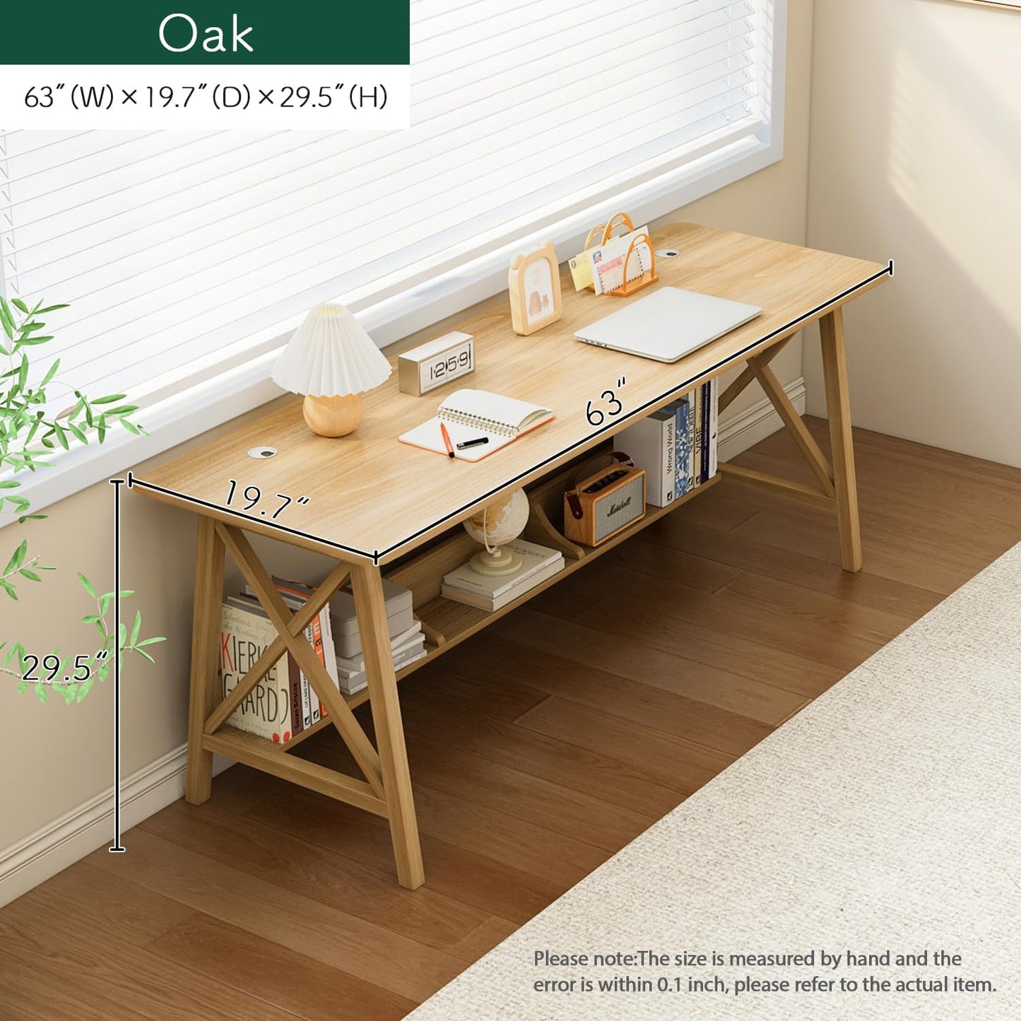 Extra Long Desk with Bookshelf - Wooden Home Office Work Study Table, 2-Person Writing Computer Workstation with Storage Shelf in Oak, 63" Wx20 Dx30 H