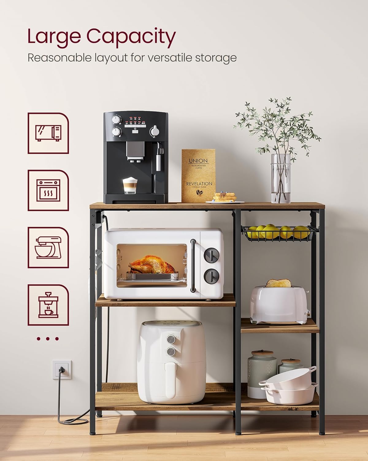 VASAGLE Baker's Rack, Coffee Bar Stand with Charging Station, Storage Shelves, Pull-Out Wire Basket, Table for Microwave, Kitchen, Rustic Walnut UKKS036K41, 15.7 x 35.4 x 35.6 Inches