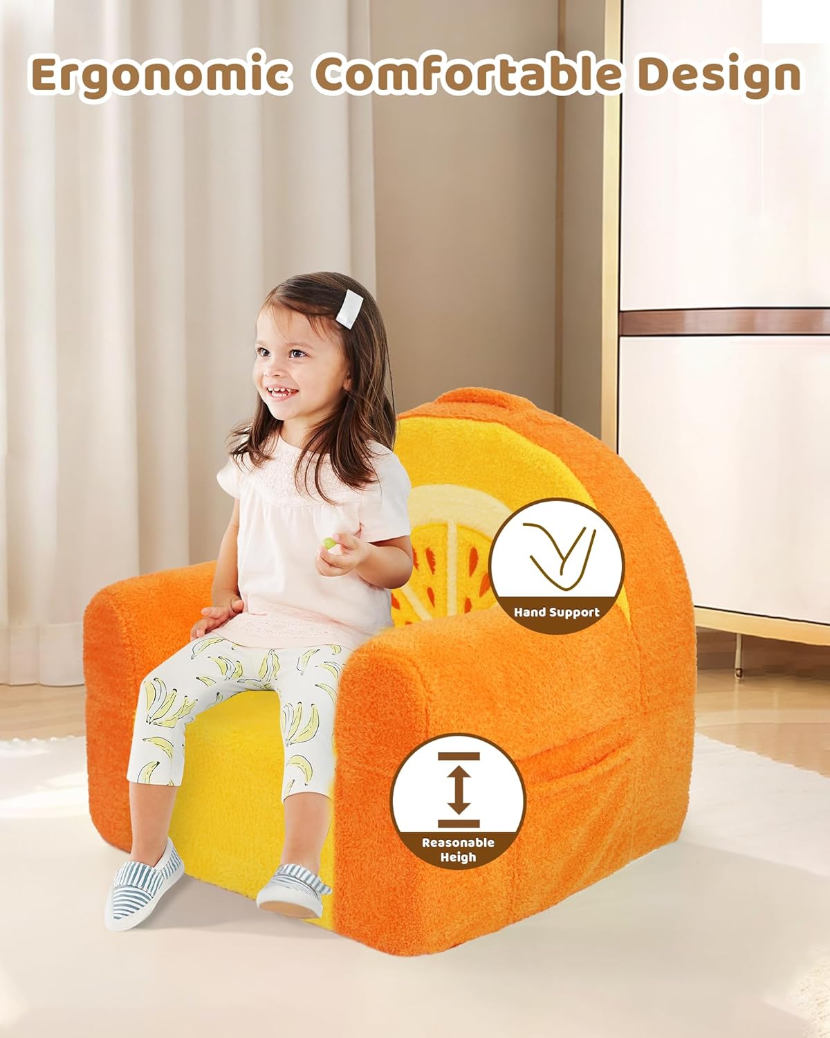 Toddler Chair, Comfy Foam Kids Couch with Soft Velvet Cover, Toddler Couch with Cute Orange Design for Gaming and Studying, Kids Sofa for Boys and Girls