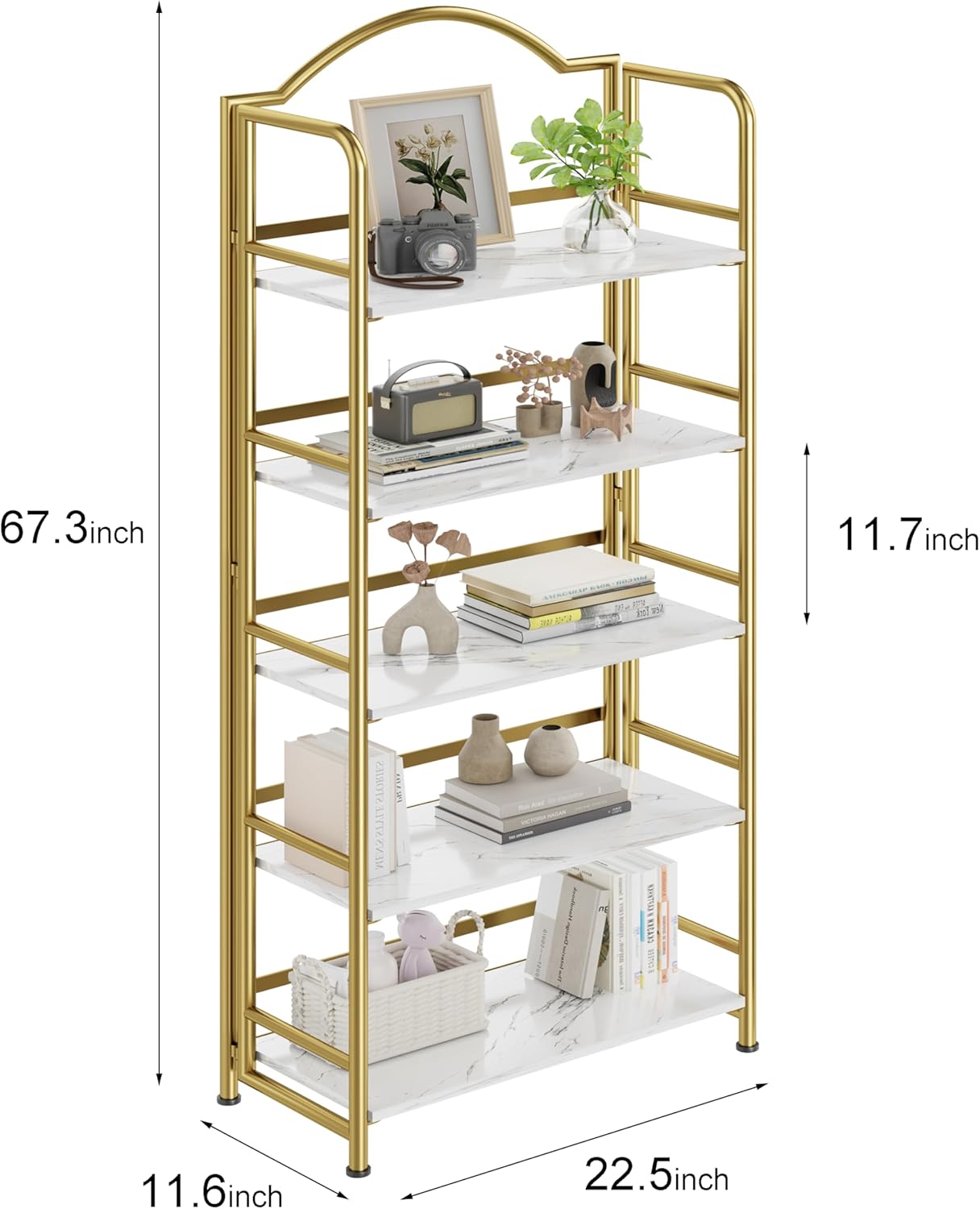 No-Assembly Gold Folding Bookshelf Storage Shelves 5 Tiers Vintage Multifunctional Plant Flower Stand Storage Rack Shelves Bookcase for Home Office