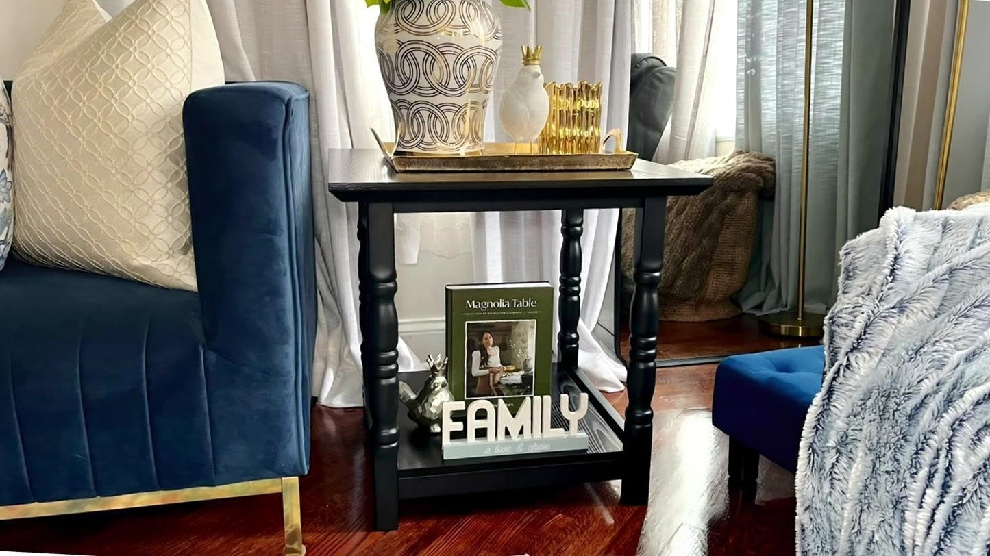 DWVO Farmhouse Square Coffee Table, Antique Accent Side Table with Floor Shelf, 23.6"x 23.6" Living Room Furniture, Black