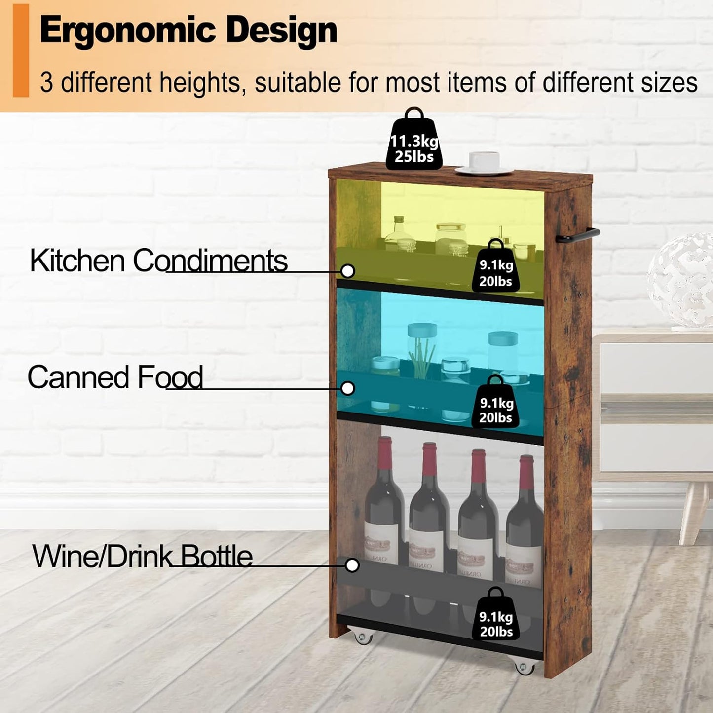 MARTY Slim Rolling Cart 4-Tier Utility Carts with Wheels Handle, Kitchen Storage Cart Slide Out Mobile Shelving Unit Organizer for Bathroom Laundry Room Organization Narrow Places (Rustic Brown)