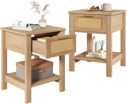 IBUYKE Rattan Nightstand Set of 2, Boho Night Stand with Drawer, Wood Bedside Tables with Storage Shelf, End Table with Legs for Bedroom, Natural UWNS011N-2