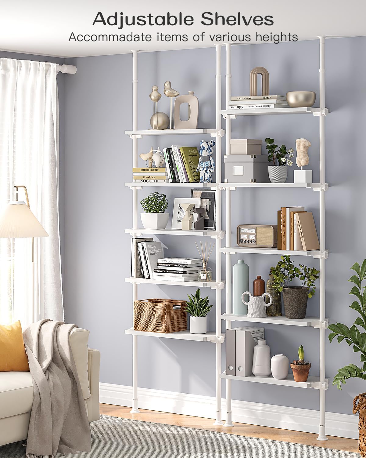 ALLZONE 5 Tiers Narrow Bookshelf, Tall Adjustable Ladder Book Shelf with Open Storage, Floor to Ceiling Tension Mount, Wooden Industrial Bookcase for Living Room, 92 to 116 Inch, White