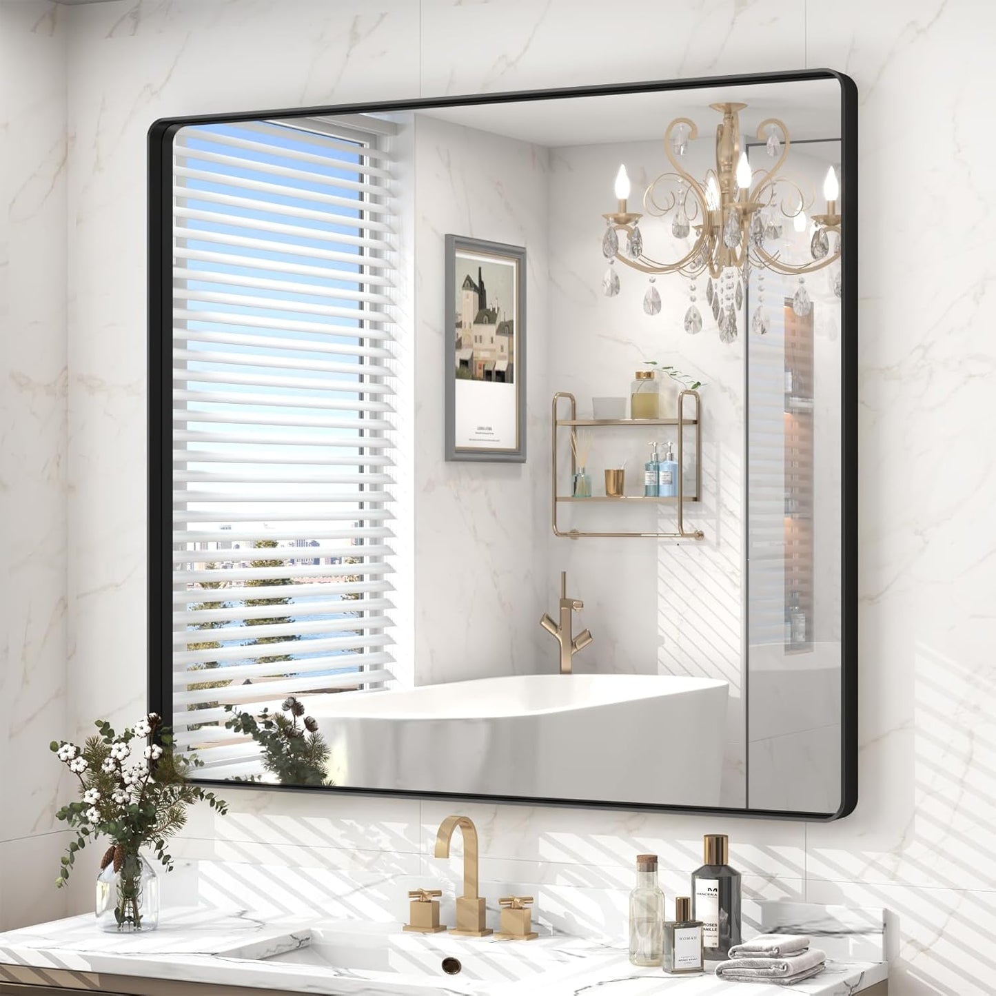 40x36 Inch Black Framed Bathroom Mirror for Wall, Black Metal Framed Mirror, Rounded Rectangle Bathroom Vanity Mirror, Anti-Rust, Shatterproof (Horizontal/Vertical)